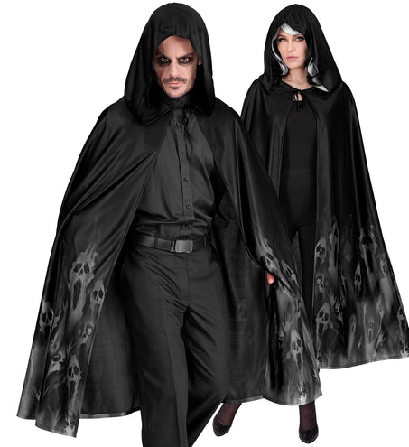 Cape geest zwart 120 cm met capuchon en grijze spookprint, gedragen door man en vrouw voor Halloween