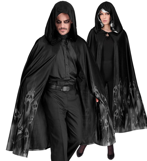 Cape geest zwart 120 cm met capuchon en grijze spookprint, gedragen door man en vrouw voor Halloween