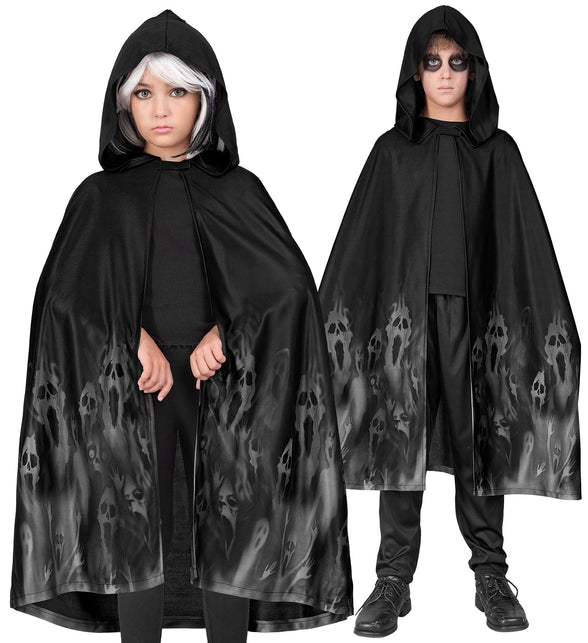 Cape geest zwart 90 cm met capuchon en spookprint, gedragen door meisje en jongen voor Halloween