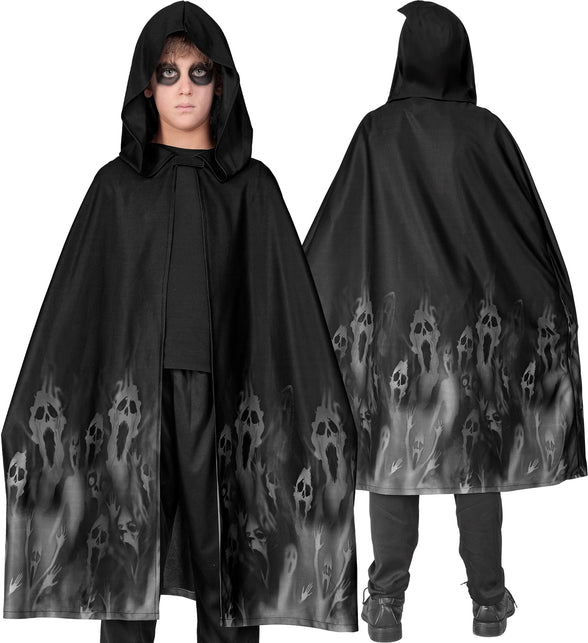 Cape geest zwart bij jongen met schminkte ogen, voor- en achteraanzicht van de spookprint