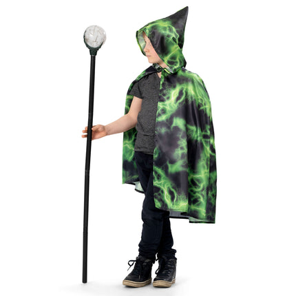 Cape met kap Carlos van opzij, spitse kap over het hoofd voor een tovenaarslook