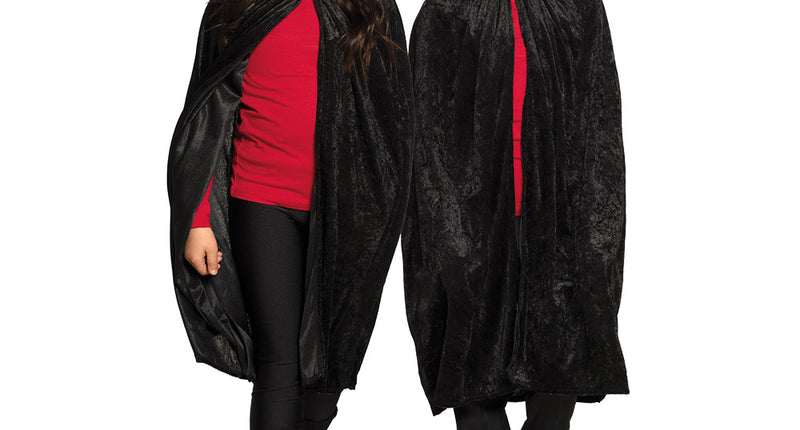 Cape kind Dawn zwart, lange zwarte fluweelachtige cape met kap, gedragen door twee kinderen