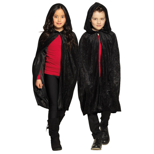 Cape kind Dawn zwart, lange zwarte fluweelachtige cape met kap, gedragen door twee kinderen