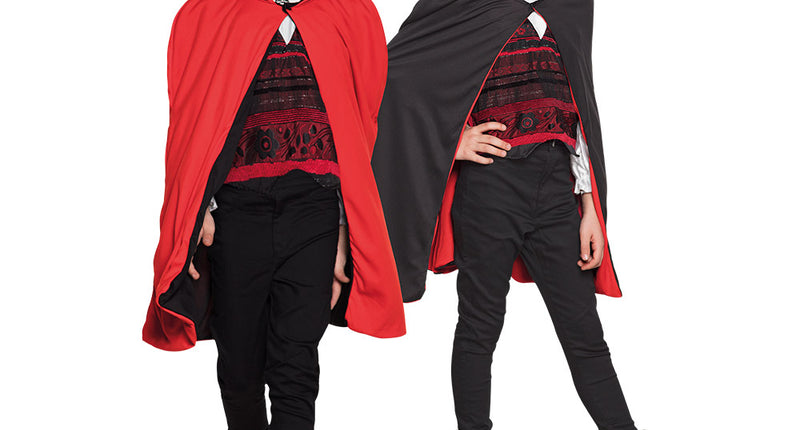 Cape kind Twilight omkeerbaar, links rood en rechts zwart gedragen met kap, voor Halloween