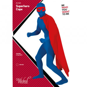Cape super held rood in verpakking van Wicked Costumes, rode superheldencape voor heren