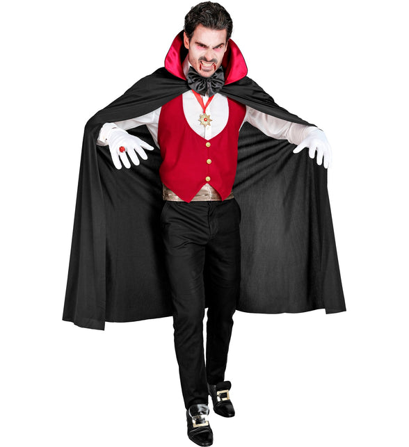 Cape vampier volwassenen zwart met rood gevoerde staande kraag en rood vest, voor Halloween