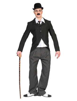 Charlie Chaplin kostuum voor heren, zwarte jas met drie knopen en zwart-grijs gestreepte broek, vooraanzicht voor carnaval
