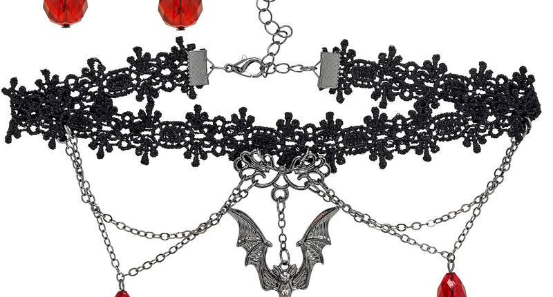 Choker en oorbellen gotisch vampier Niek: zwarte kanten halsband met vleermuis en rode druppels