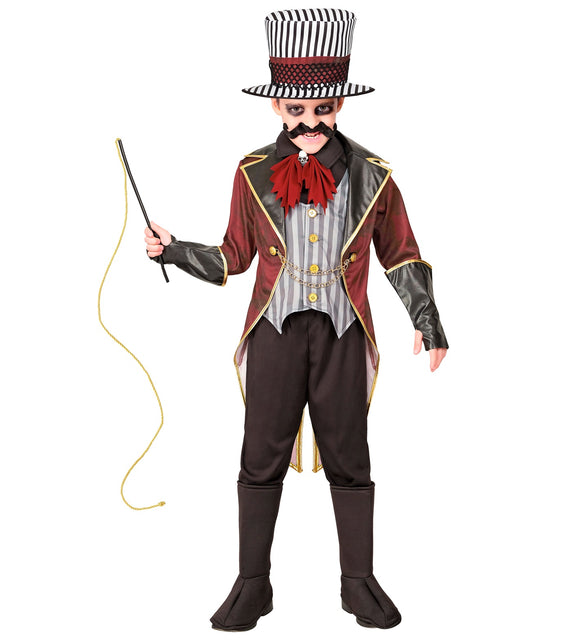 Circusdirecteur kostuum Gijs met rode slipjas, gestreept vest en gestreepte hoge hoed voor Halloween