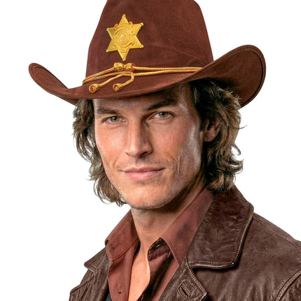 Close-up cowboy hoed sheriff Texas ranger met gekrulde rand en goudkleurig koorddetail
