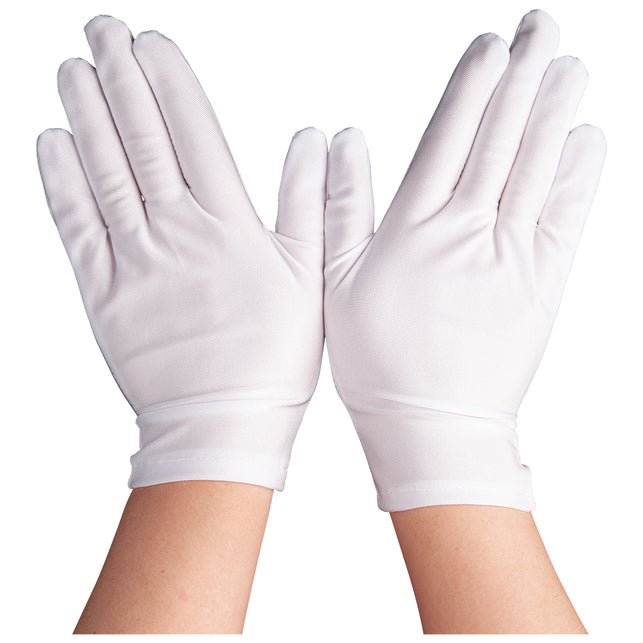 Close-up van de korte witte handschoenen Lini met fijne streepstructuur en licht glanzend oppervlak
