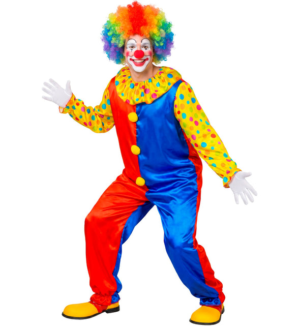 Clown jumpsuit heren met gele pompons op de voorkant en geplooide stippenkraag
