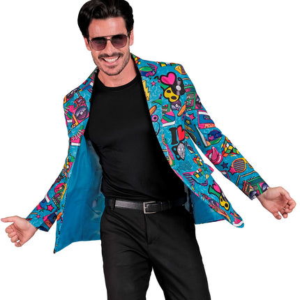 Colbert 80s Funky open gedragen met zichtbare turquoise voering, voor een jaren 80-feest of carnaval