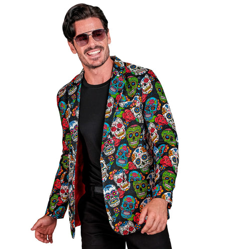 Colbert day of the dead Skully open gedragen, met rode voering zichtbaar aan de binnenkant