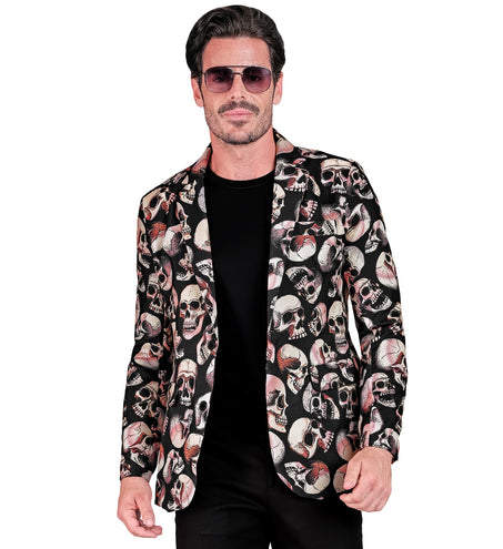Colbert schedels Happy voor heren, zwart jasje met beige en roze doodskoppenprint