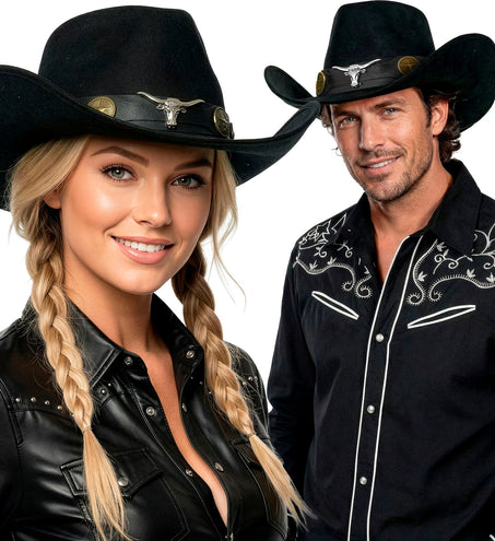 Cowboy hoed Dallas zwart gedragen door dame en heer op een westernfeest