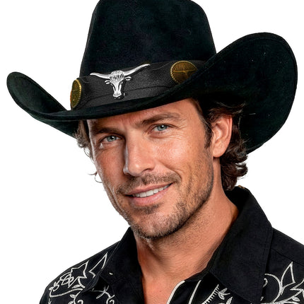 Cowboy hoed Dallas zwart op heren, suedelook bol met lengtedeuk en opstaande rand