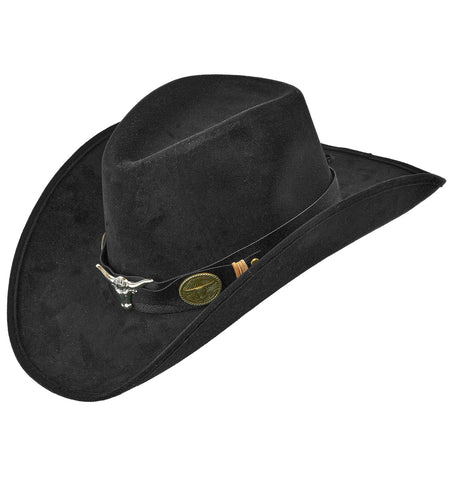 Cowboy hoed Dallas zwart in suedelook met zilveren stierenkop en bronzen sterconchos op de band