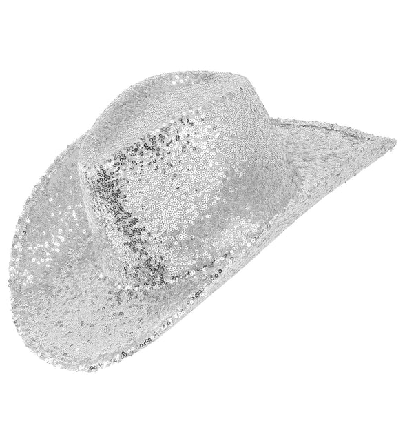 Cowboy hoed pailletten zilver met brede gebogen rand en geknepen bol, zijaanzicht