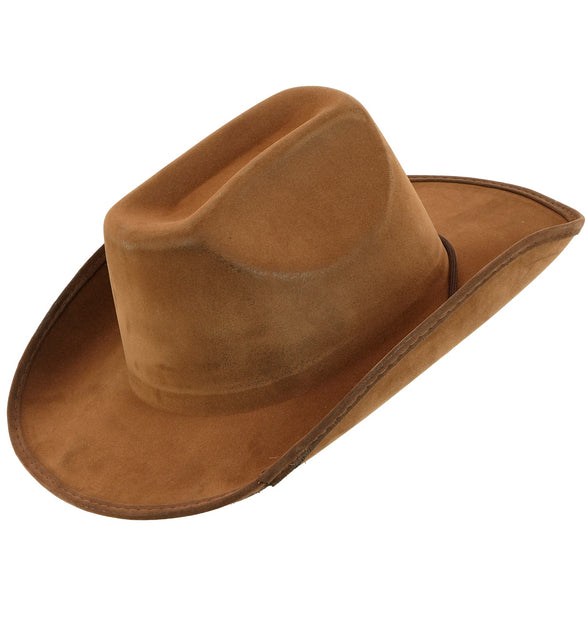 Cowboy hoed vintage suede bruin met brede opgekrulde rand en ingedeukte bol, schuin vooraanzicht