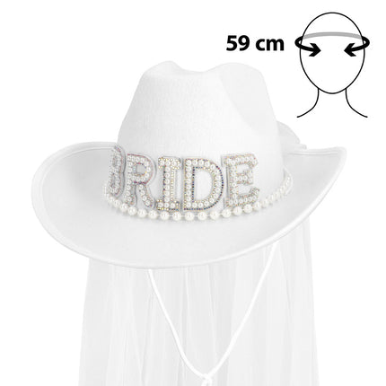 Cowboyhoed Bride gone wild wit met BRIDE in parelkraaltjes, parelsnoer en sluier voor een vrijgezellenfeest