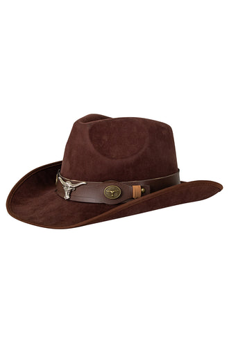 Cowboyhoed bruin leatherlook zijaanzicht met opgekrulde rand voor een westernfeest