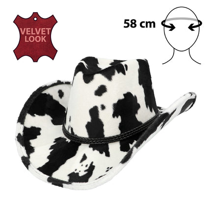 Cowboyhoed Cowchella koeienprint in fluwelen look met hoofdomvang van 58 cm