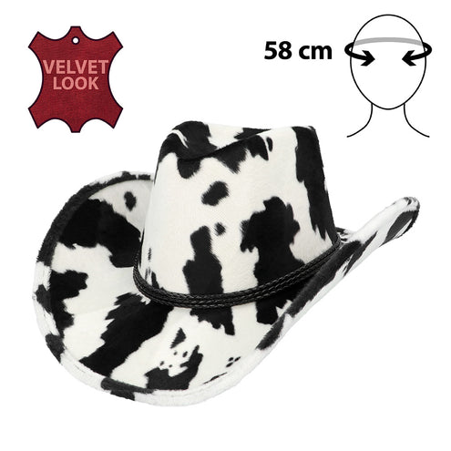 Cowboyhoed Cowchella koeienprint in fluwelen look met hoofdomvang van 58 cm