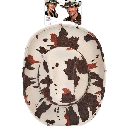Cowboyhoed koeienprint van bovenaf met omhoog gebogen rand en verpakking