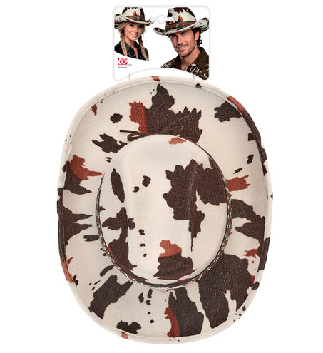 Cowboyhoed koeienprint van bovenaf met omhoog gebogen rand en verpakking