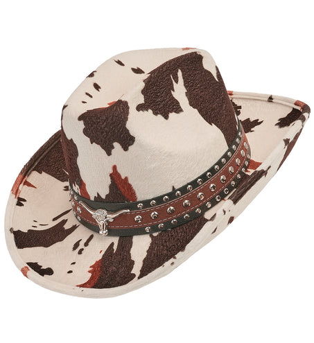 Cowboyhoed met koeienprint in roomwit en bruin, met studband en zilveren stierenkop