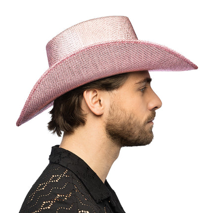 Cowboyhoed Midnight roze van opzij, met een brede rand die aan de zijkant omhoog buigt
