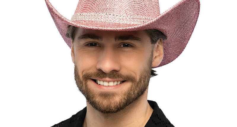 Cowboyhoed Midnight roze met strassband voor heren, van voren gedragen met glinsterende rand voor een westernfeest