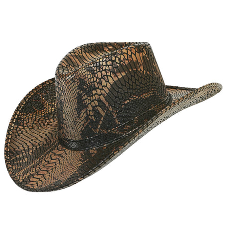 Cowboyhoed met pythonprint in bruin en zwart, westernvorm met opgekrulde rand