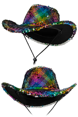 Cowboyhoed rainbow pailletten van boven en van voren, met zwart koord en zilveren onderrand