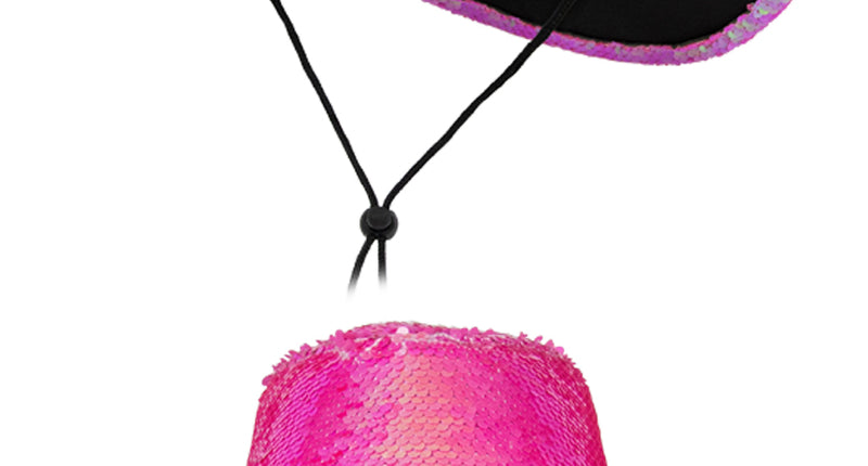 Cowboyhoed roze met pailletten, boven- en vooraanzicht met zwart stormkoord