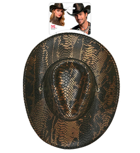 Cowboyhoed slangenprint van bovenaf met ingedeukte bol en metalen oogjes in de rand