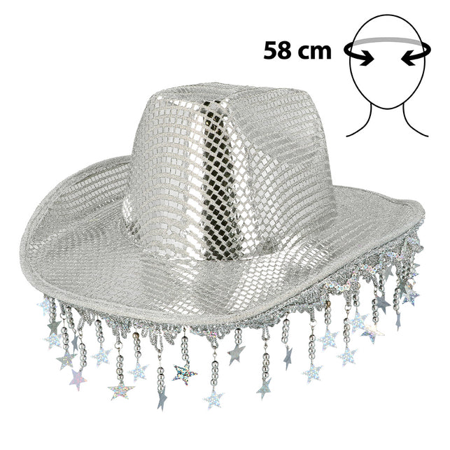 Cowboyhoed Sparkle zilver met spiegelplaatjes op bol en rand en een franje van kralen en sterren
