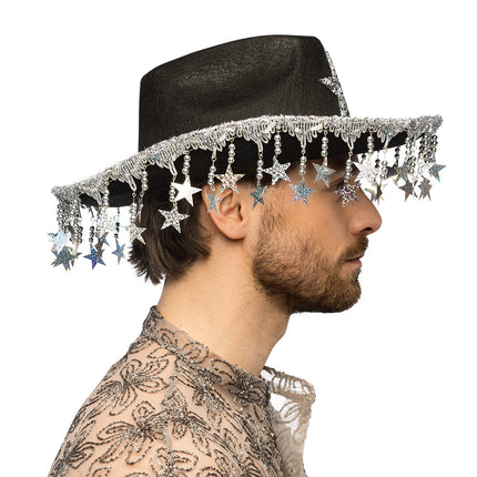 Cowboyhoed Stargazing zwart van opzij, met zilveren glitterboord en rondom bungelende sterretjes