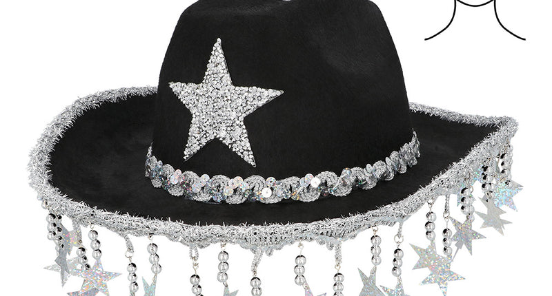 Cowboyhoed Stargazing zwart met zilveren glitterster, paillettenband en hangende holografische sterren aan de rand