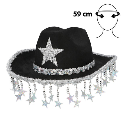 Cowboyhoed Stargazing zwart met zilveren glitterster, paillettenband en hangende holografische sterren aan de rand