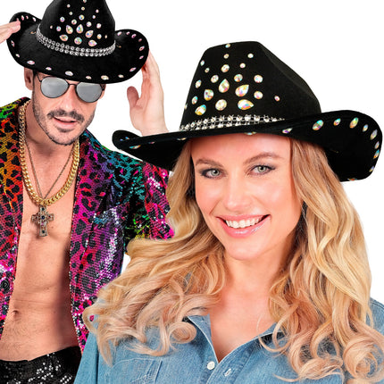 Cowboyhoed zwart met diamanten Sem gedragen door een vrouw en een man op een westernfeest
