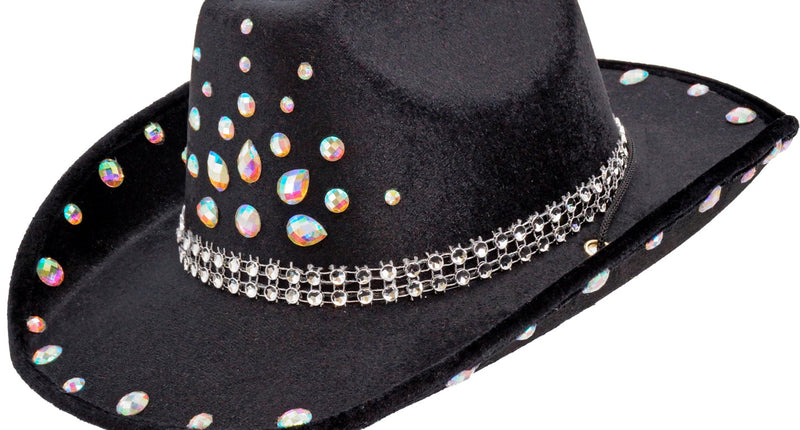 Cowboyhoed zwart met diamanten Sem met regenboogglanzende stenen op de bol en een strassband