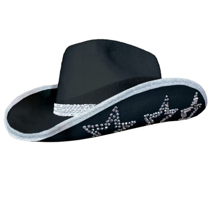 Cowboyhoed zwart met strass stenen van dichtbij, met strassband om de bol, sterren op de rand en zilveren glitterboord