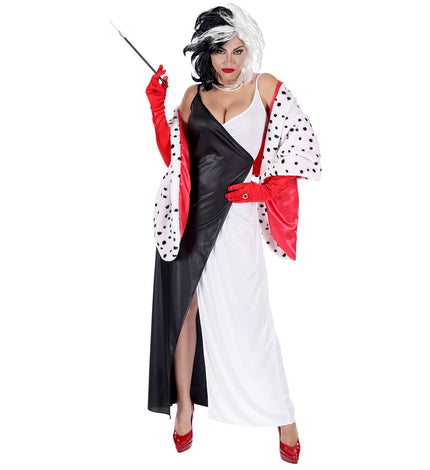 Cruella kostuum dames met zwart-witte lange jurk en gestippelde cape met rode voering, voor Halloween