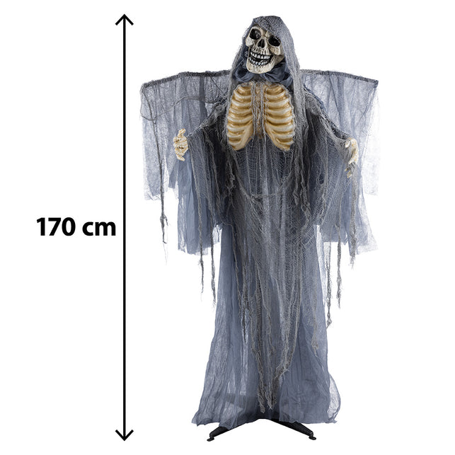 Crypt keeper decoratie zonder verlichting naast een maatlijn van 170 cm, met schedel en uitgestrekte knokige handen