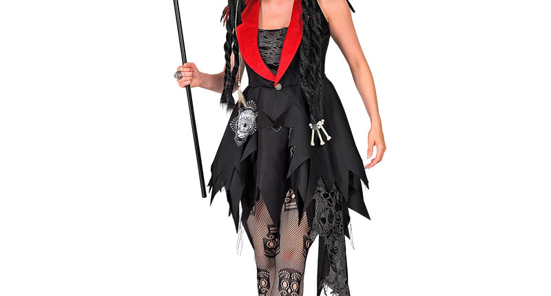 Dag van de doden jurk Anouk dames in zwart met rode revers en gerafelde zoom, voor Halloween