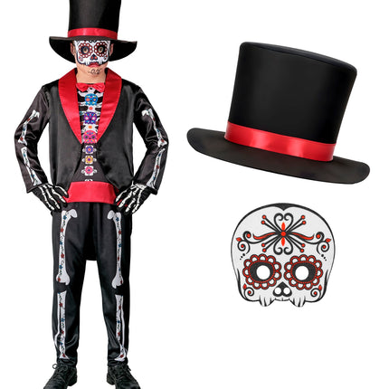 Dag van de doden kostuum kinderen met losse hoge hoed met rode band en wit calaveramasker
