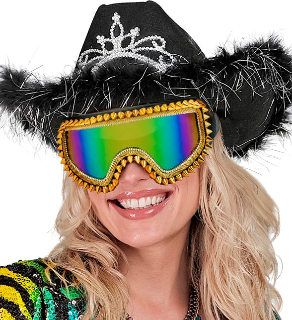 Dame draagt ski-bril 80's goud Anouk met regenbooglens op een foute party