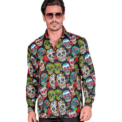 Day of the dead shirt Skully met liggende kraag en doorknoopsluiting, vooraanzicht op model